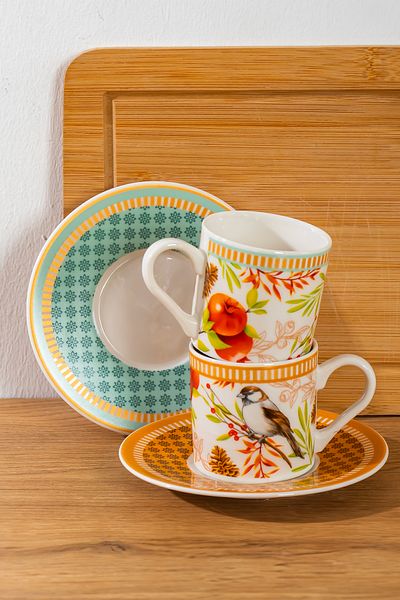 Porsima Cardellino Te-225 Cup Set for 6 - Patterned Porcelain Turkish Coffee - 90 Cc