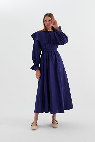 MARKALİSTE Koton Wide Collar Dress Navy Blue