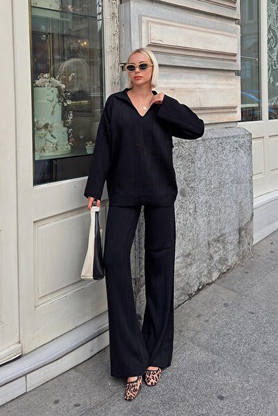 Swist Siyah Pra Polo Yaka Oversize Kazak-Pantolon Örgü Kadın Alt-Üst Takım