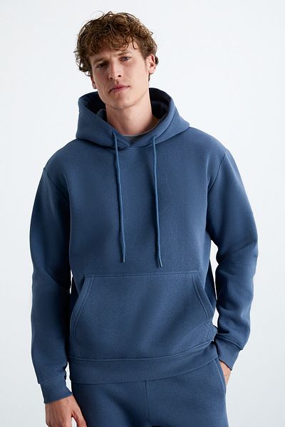 GRIMELANGE Yokohama Men's Fleece Inside Organic Cotton Regular Kangaroo Pocket Hooded Indigo Sweatshirt