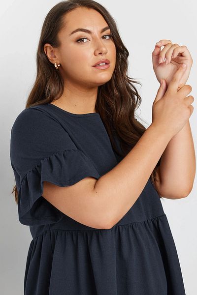 Stil Diva Plus Size Crew Neck Short Ruffle Sleeve Mini Dress with Elastic Waist 303646