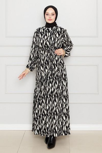 Sevitli Cross Ruffled Karin Dress with Belted Waist-Black