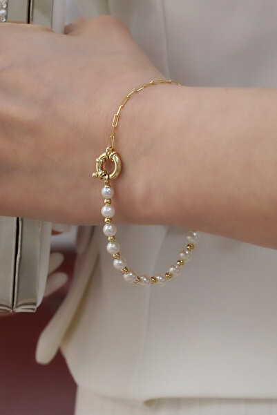 Nox Jewelry 925 Ayar Gümüş Cream Tatlısu İncisi Kol Bileklik-5mm Gold