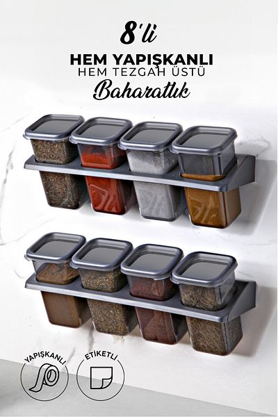 Kitchen Life 8-Piece Self-Adhesive Square Spice Rack Set with Sticker Stand - Food Storage Container Set