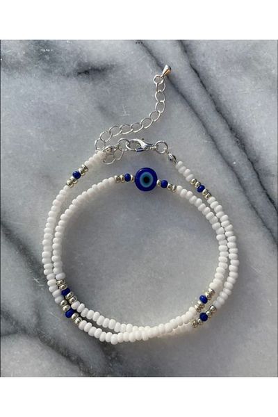 Stoneday Silver Detailed Blue Evil Eye Beads White Sand Beads Necklace