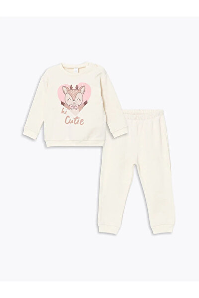 LC Waikiki Lcw Eco Light Beige Crew Neck Printed Baby Girl Tracksuit Set