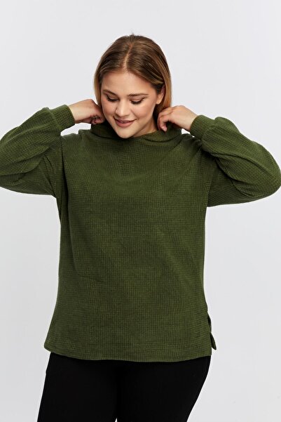 Seamoda Plus Size Comfortable Hooded Slit Comfort Soft Sweat-Khaki