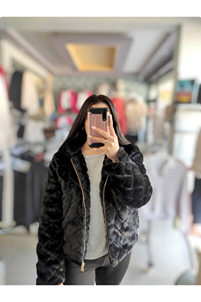 Sublime Butik Kadın Siyah Yumoş Peluş Baklava Desenli Kapüşonlu Fermuarlı Hırka
