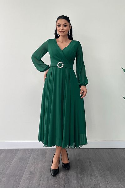 giyimmasalı Chiffon Fabric Belt Detail Midi Dress - Zimrute Green