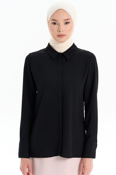Tuğba Black Hidden Placket Basic Shirt