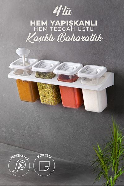 Kitchen Life Food Container Set - Set of 4 Spices with Labels, Stand, Lock and Square