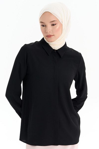 Tuğba Black Hidden Placket Basic Shirt