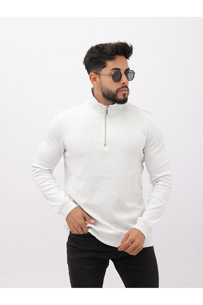 TÜKATO Men's Ecru Color Stand Collar Half Zipper Beige Knitwear Sweater
