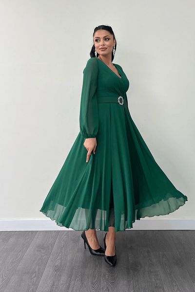 giyimmasalı Chiffon Fabric Belt Detail Midi Dress - Zimrute Green