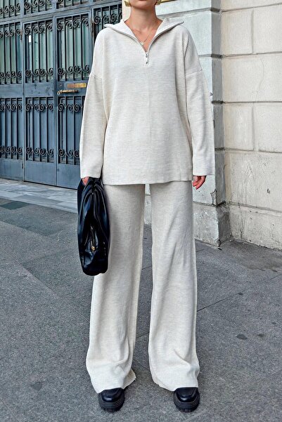 Swist Set de pulover și pantaloni de damă bej - cu jumătate de fermoar, supradimensionat