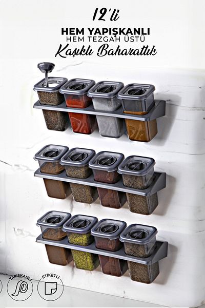 Kitchen Life Set of 12 Food Cups - Labeled, Stand, Lock and Square Spice Rack
