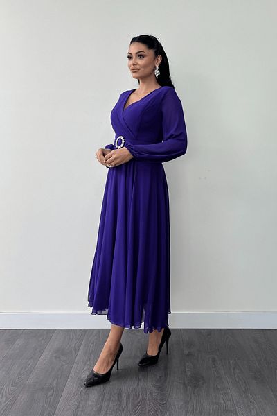 giyimmasalı Purple - Chiffon Fabric Midi Dress with Belt Detail