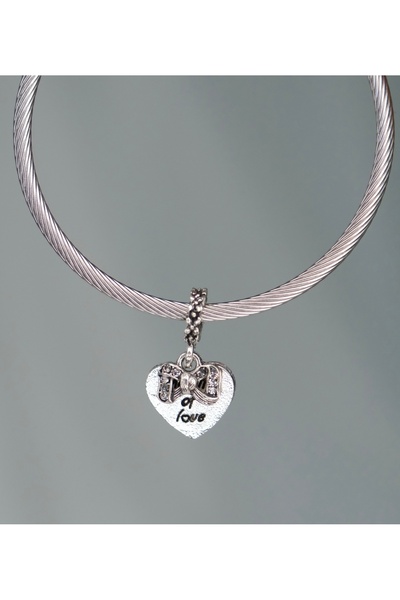 CYB STUDİO The Gift of Love Written Stainless Steel Charm with Heart and Bow