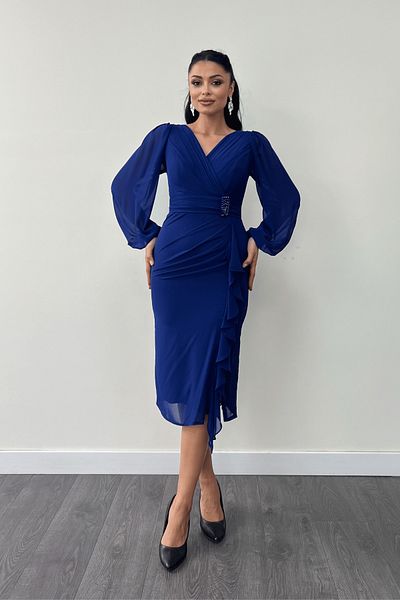giyimmasalı Chiffon Fabric Flywheel Detail Pencil Dress - Sax Blue
