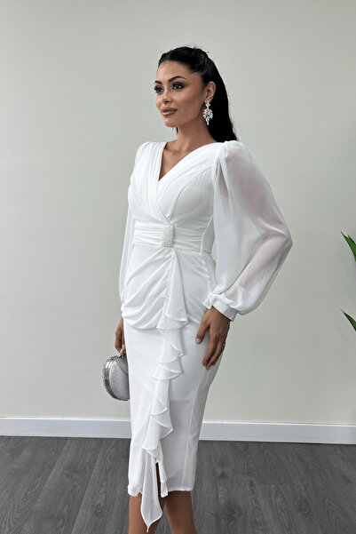 giyimmasalı Φόρεμα μολύβι με λεπτομέρεια από ύφασμα σιφόν - ΛΕΥΚΟ