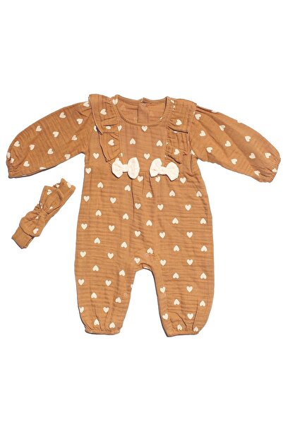 bebegen Kız Bebek Kahve Kalp Desenli Fiyonklu Bandanalı Müslin Tulum