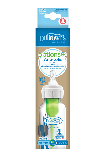 Dr.Brown's Narrow Mouth Glass Feeding Bottle and 2 Level Narrow Mouth Bottle Nipple Set