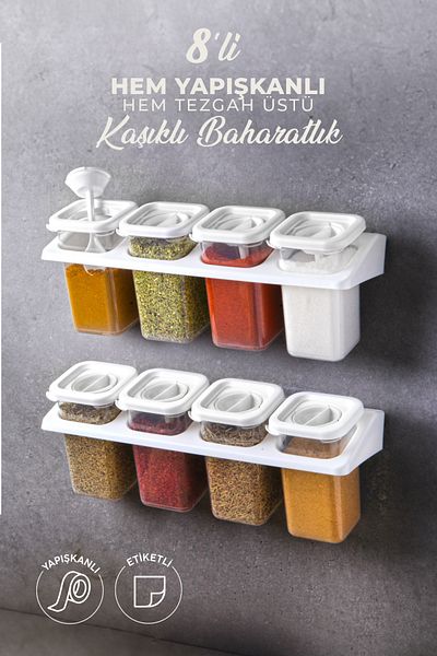 Kitchen Life Food Container Set - Set of 8 Spices with Labels, Stand, Lock and Square