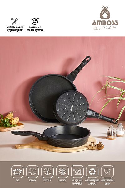 Amboss Quartz 3 Piece Cast Titanium Coating Fireproof Non-Stick 20 24 28 Cm Cast Pan Set