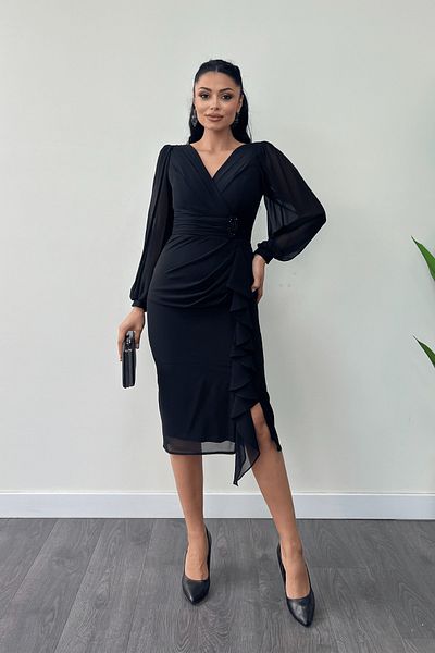 giyimmasalı Chiffon Fabric Flywheel Detail Pencil Dress - Black