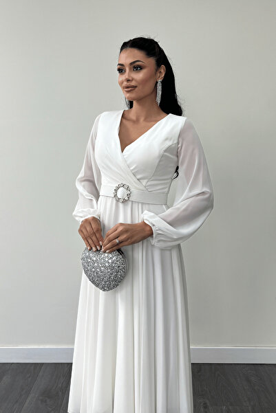 giyimmasalı Şifon Kumaş Kemer Detaylı Midi Elbise - BEYAZ