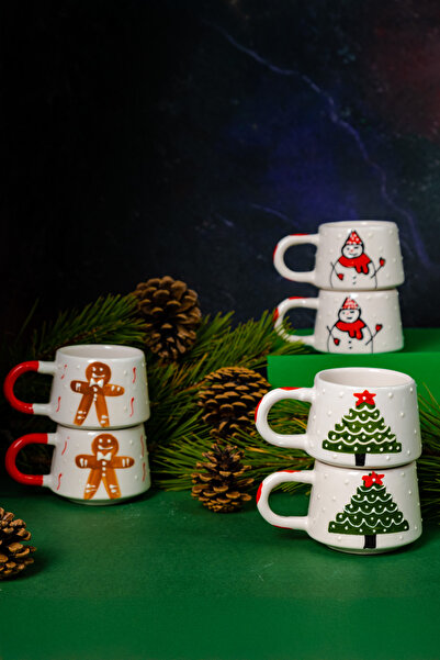 touchmughm Yılbaşı Seti El Yapımı Seramik Kupalar, 6'Lı Yılbaşı Seti, Çam Ağacı, Kurabiye ve Kardan Adam