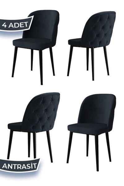 Canisa Kage Serisi 4 Adet Antrasit Mutfak Sandalyesi Kapitoneli Siyah Metal A...