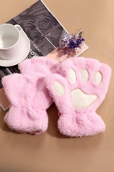 Köstebek Pink Plush Paw Cut Finger Gloves