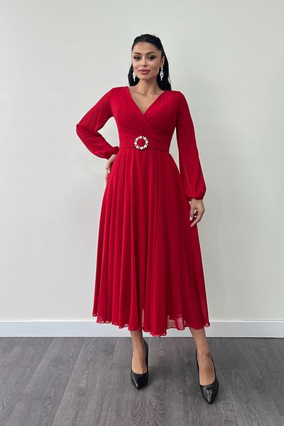 giyimmasalı Red Midi Chiffon Dress - Belt Detail