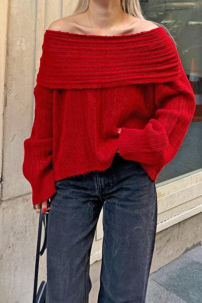 Swist Red Velvet Madonna Collar Open Shoulder Women's Knitwear Sweater