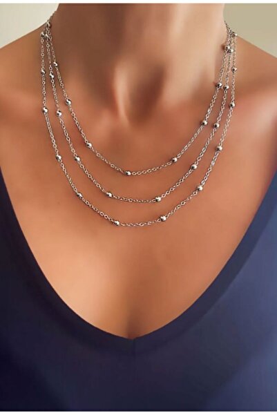 TakıConcept Aksesuar Gümüş Renk Top Zincirli Üçlü Çoklu Sallantılı Kolye