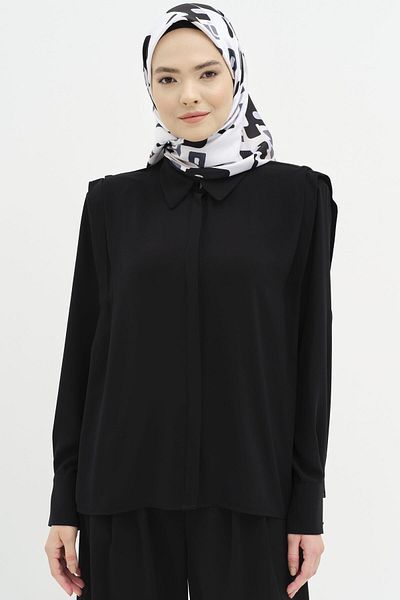 Tuğba Black Shoulder Pleat Padded Shirt Detail