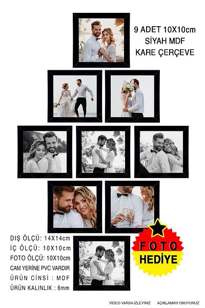 Bytwo 9 Pieces 10X10 Frame - Square Frame - Mdf Black Frame - Multiple Photo Frame Set
