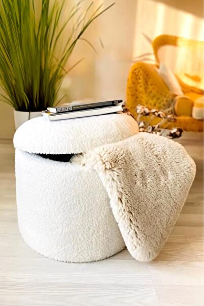 Niron Teddy Xl Puf - El Yapımı Pofuduk Ekru Sandıklı Silindir Puf - Çok Amaçl...