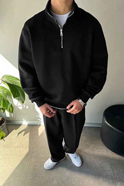 Flaw Wear Μαύρο φούτερ με μισό φερμουάρ Oversize Polo Neck