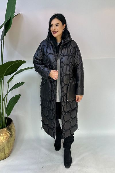 GÖKSEL Round Patterned Plus Size Coat - Black