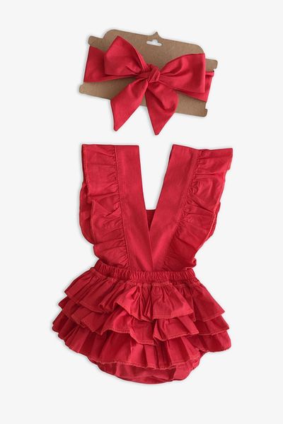 Parla Kids Red Cotton Baby Girl Salopet and Bandana Christmas Set
