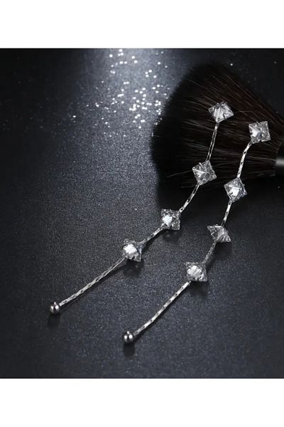 ER TAKI Stoned Silver Colored Long Tassel Stylish Engagement Henna Wedding Wedding Evening Dress Earrings