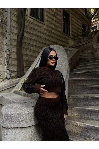 Friday Mood Γυναικεία μάλλινη φούστα με λεοπάρ σχέδιο και σετ Crop