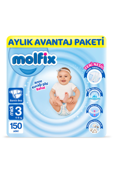 Molfix Bebek Bezi 3 Beden Midi Aylık Avn. Paket 150 Adet