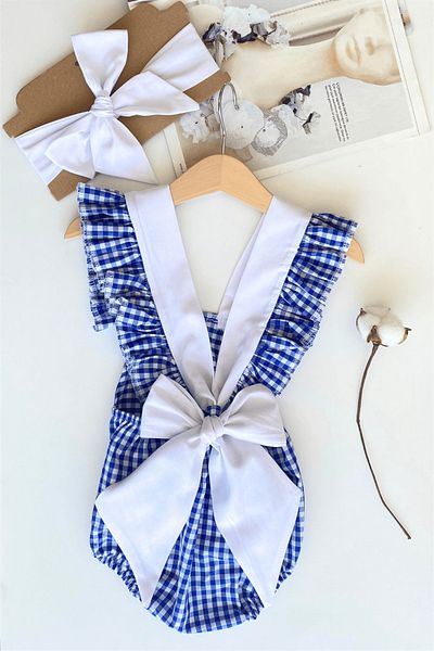 Parla Kids Baby Girl Rare Cotton Gingham Salopet Bandana Set