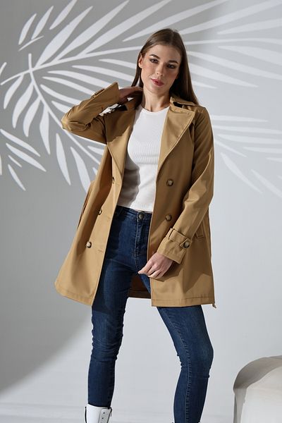 B.HE.Z Women's Lined Belted Pocket Water Repellent Fabric Crop Trench Coat