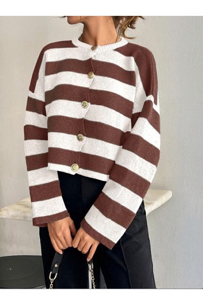 Dier Moda Women's Knitwear Striped Gold Buttoned Jacket Cardigan