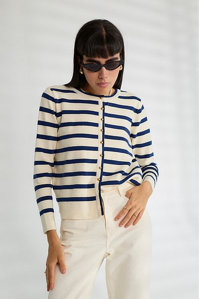 Robin Women's Stone-Navy Blue Striped Buttoned Knitwear Cardigan