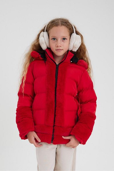 SİVAİST Red Plush Detailed Furry Thick Inflatable Coat & Coat for Girl